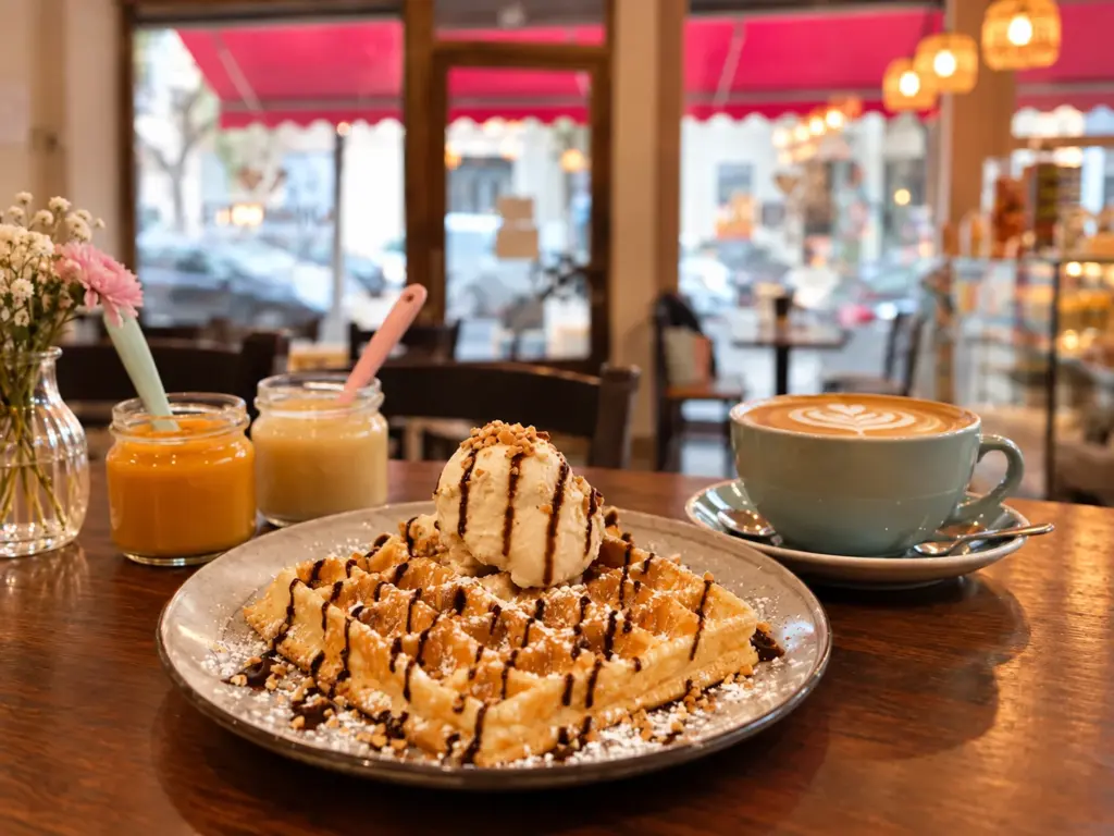 Waffel mit Vanilleeis, Cappuccino und zwei Babybrei-Gläschen im Kindercafé Spielzimmer