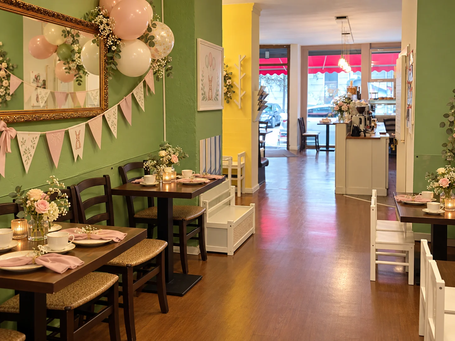 Geschmückter Cafébereich mit Pastellballons, Blumenschmuck und gedeckten Tischen