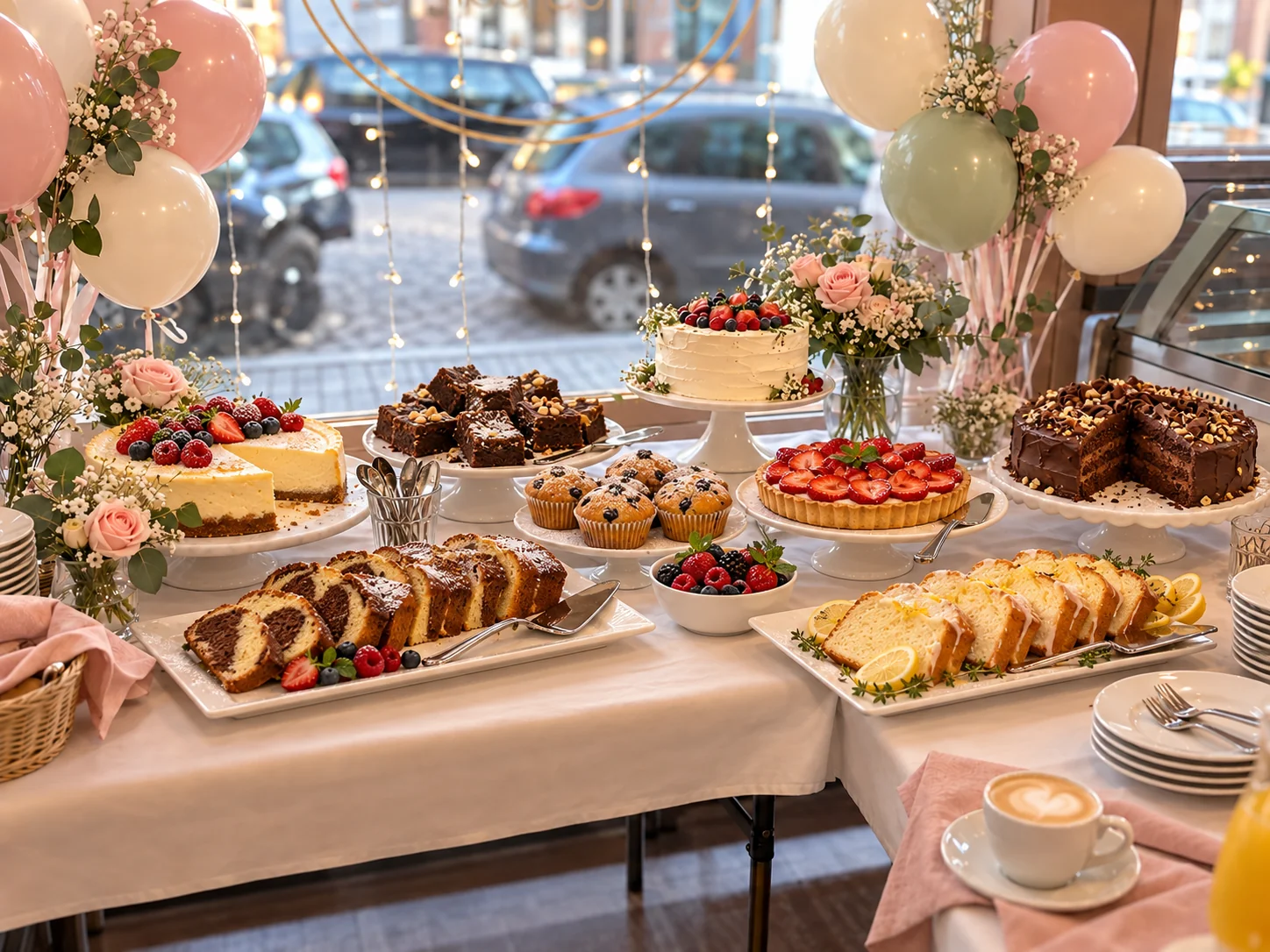 Frühstücksbuffet mit Brötchen, Aufschnitt, Obst und Gemüse für eine Firmenfeier im Spielzimmer