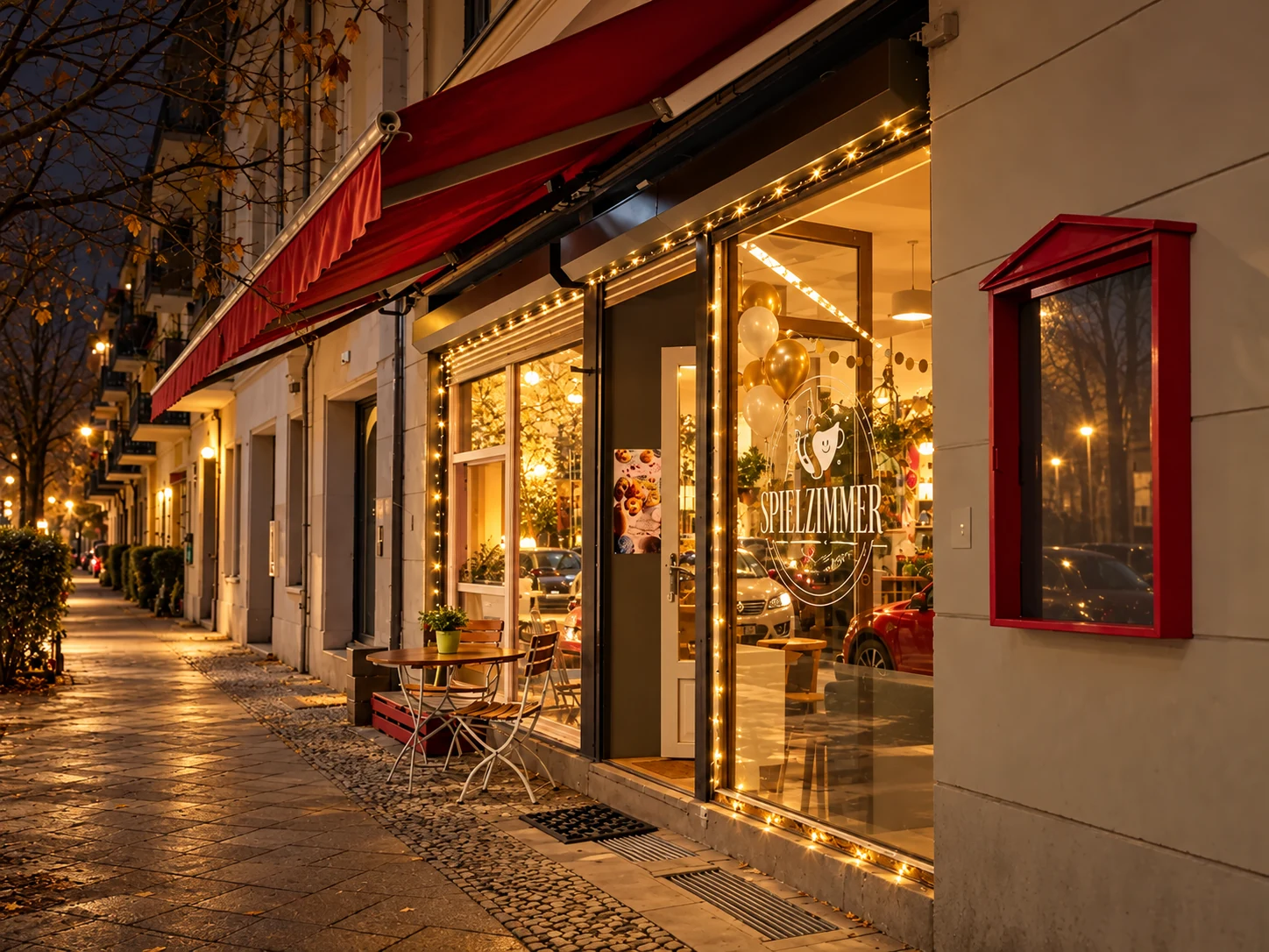 Eingang des Kindercafés Spielzimmer in Berlin-Prenzlauer Berg bei Nacht mit dezenter Silvesterdekoration