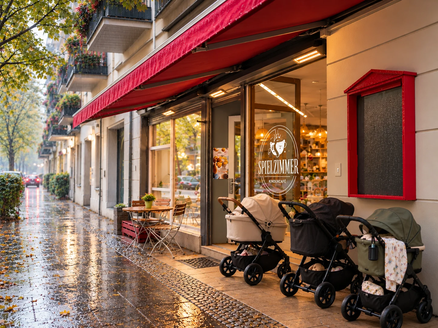 Kindercafé Spielzimmer in Berlin-Prenzlauer Berg bei Regen mit geschützten Kinderwagen unter der Markise