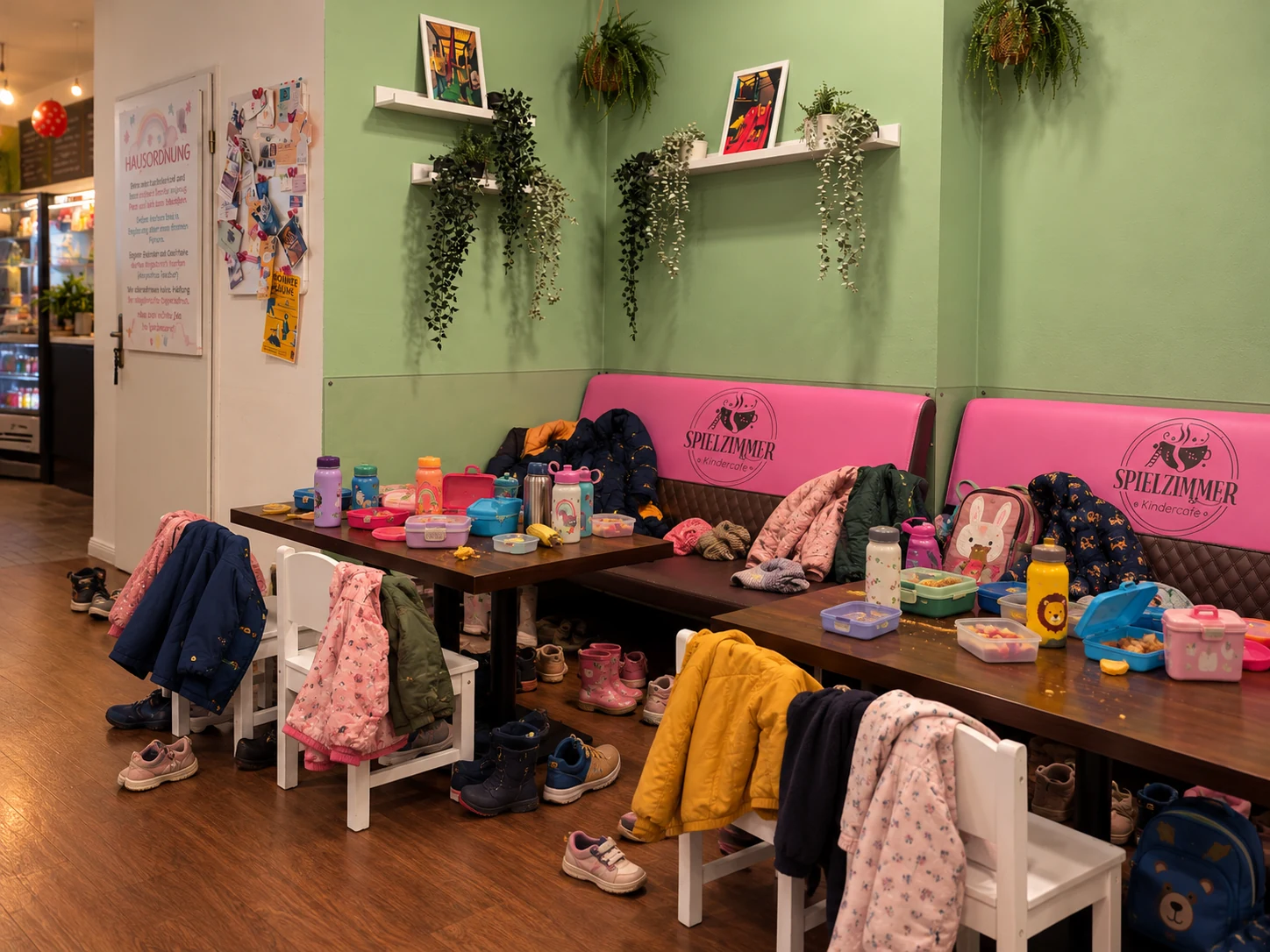 Jacken, Kinderschuhe, Brotdosen und Trinkflaschen einer Kita-Gruppe im Kindercafé Spielzimmer in Berlin-Prenzlauer Berg