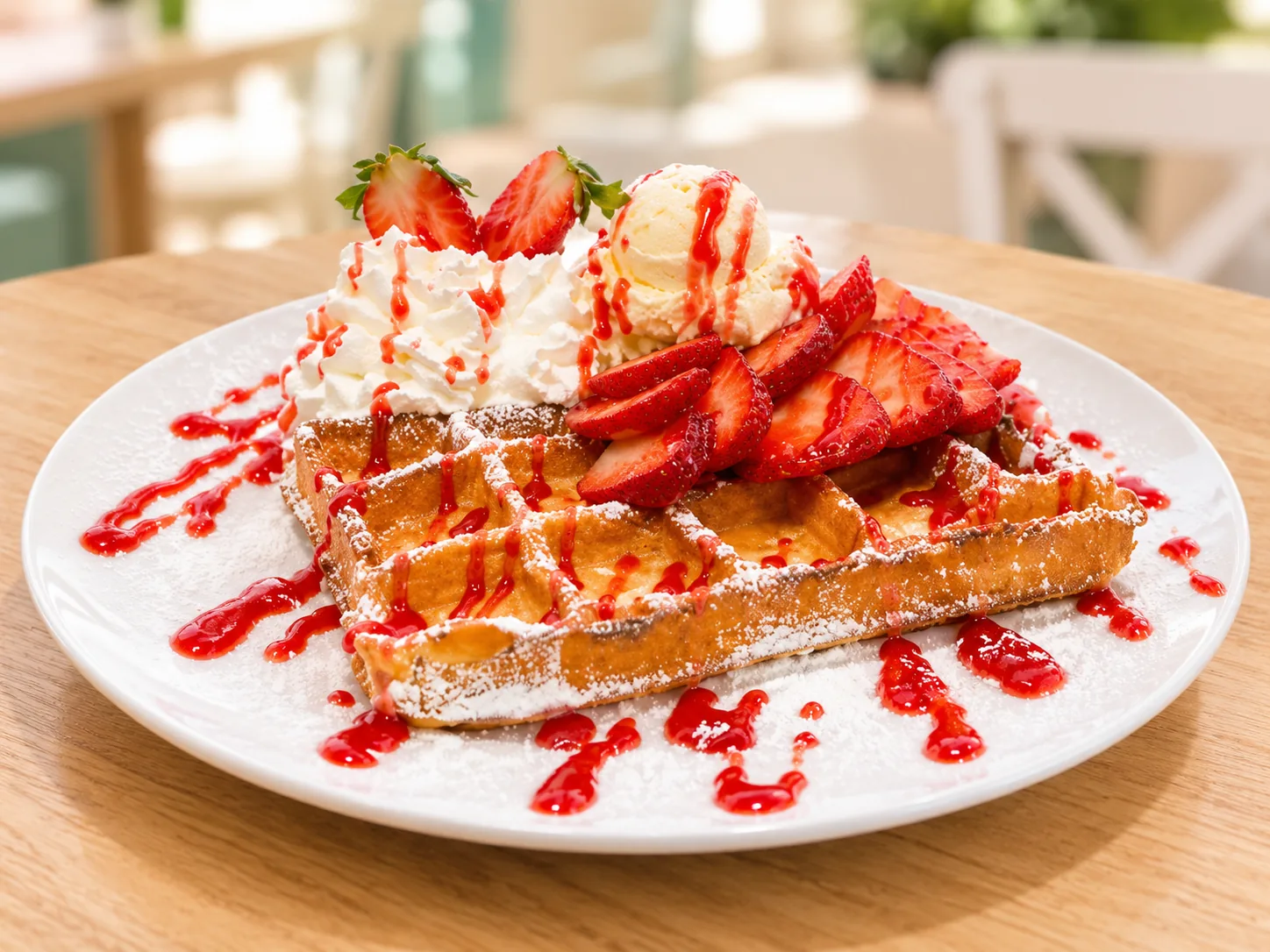Belgische Waffel mit Vanilleeis, frischen Erdbeeren, Sahne und Erdbeersoße