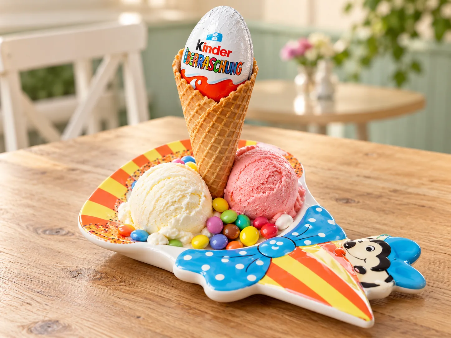 Vanille- und Erdbeereis mit Schokolinsen und Überraschungsei in einer bunten Clownschale