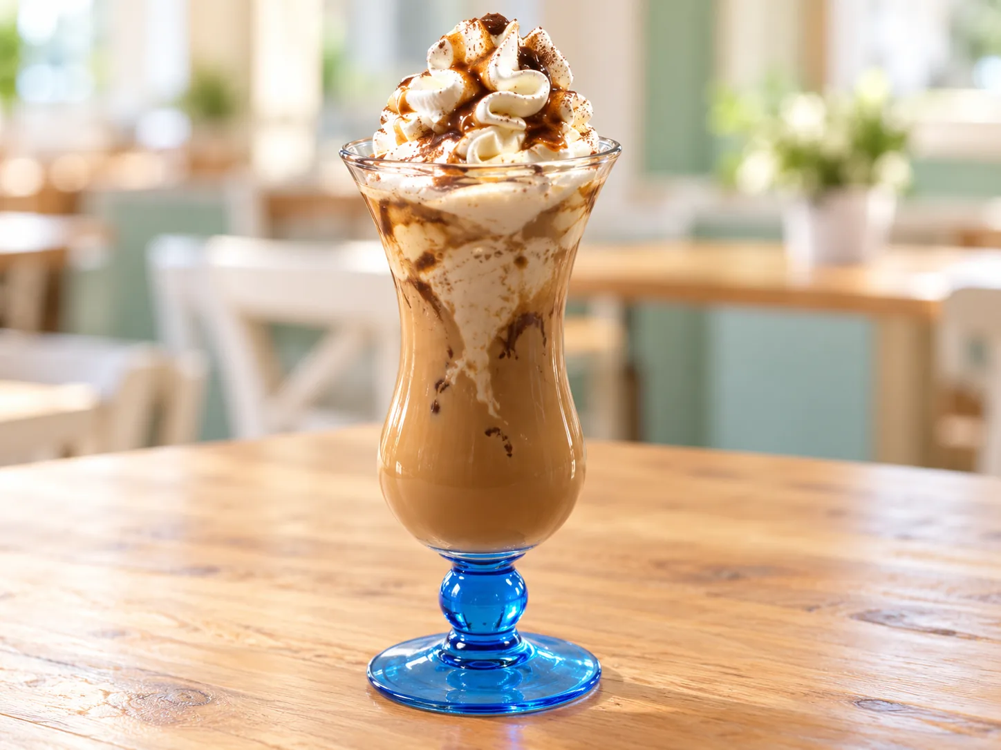 Eiskaffee mit Vanilleeis und Sahne in einem hohen Glas mit blauem Fuß