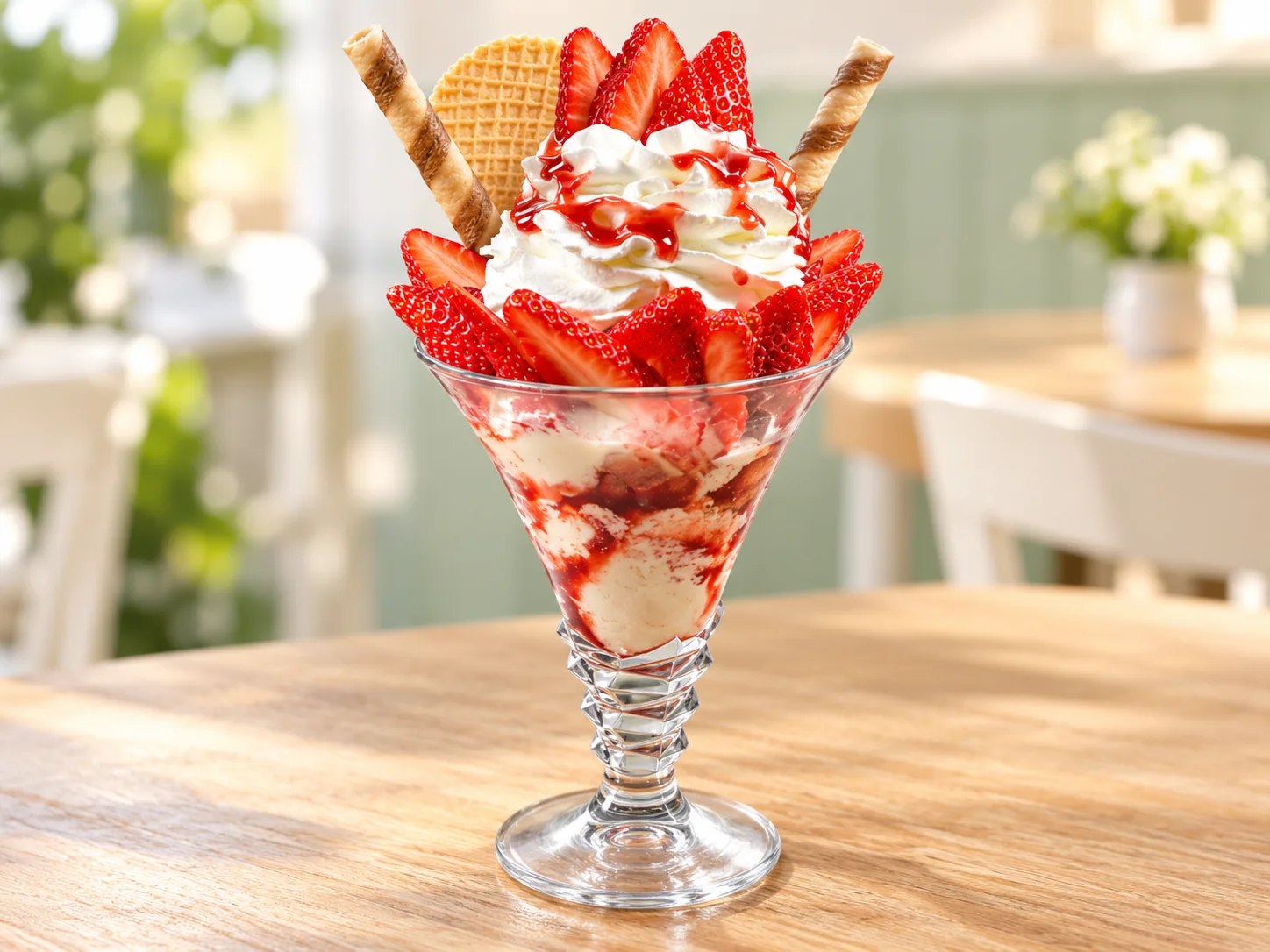 Erdbeer-Eisbecher mit frischen Erdbeeren, Sahne, Erdbeersoße und Waffeln