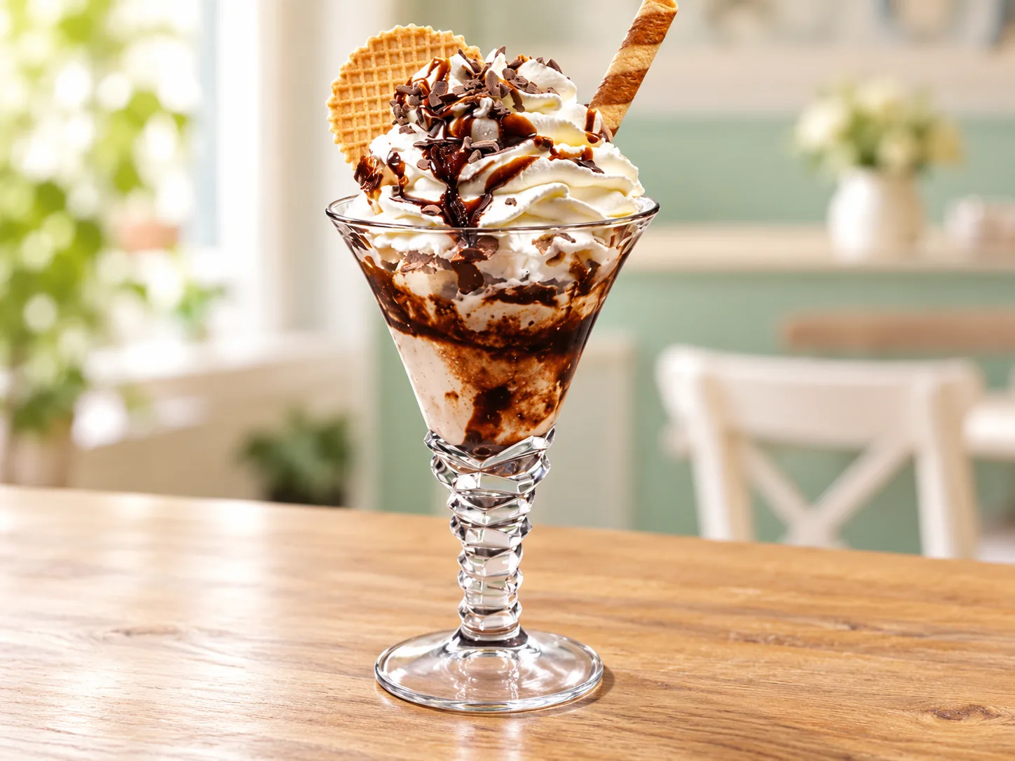 Schoko-Eisbecher im Stielglas mit Sahne, Schokoladensoße, Schokoraspeln und Waffeln