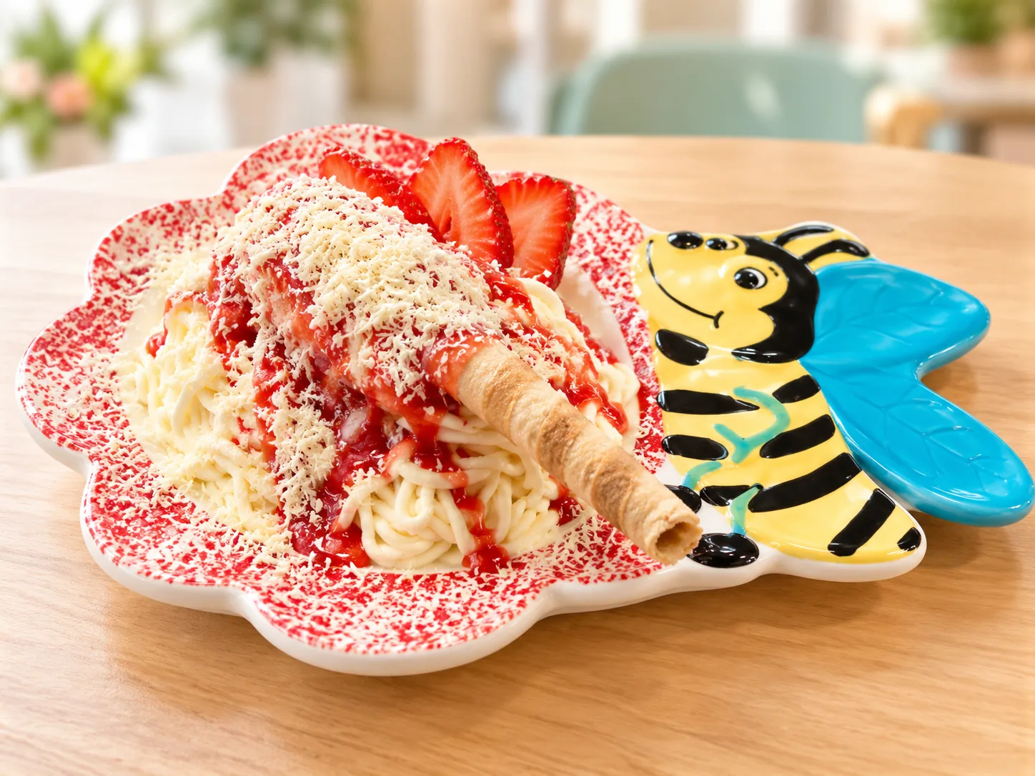 Spaghettieis mit Erdbeersoße und weißen Schokoraspeln in einer bunten Bienenschale