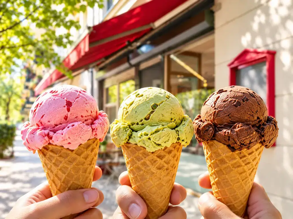 Erdbeer-, Pistazien- und Schokoladeneis in Waffeln vor dem Eisladen Kindercafé Spielzimmer in Berlin