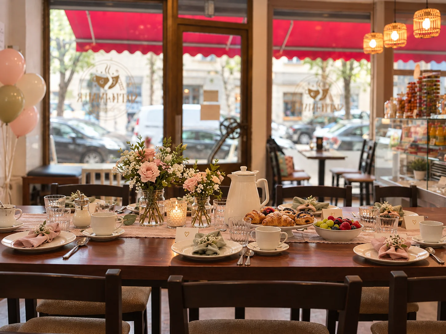 Für eine Babyshower gedeckter Cafétisch mit Blumen, Geschirr und Servietten in Rosé