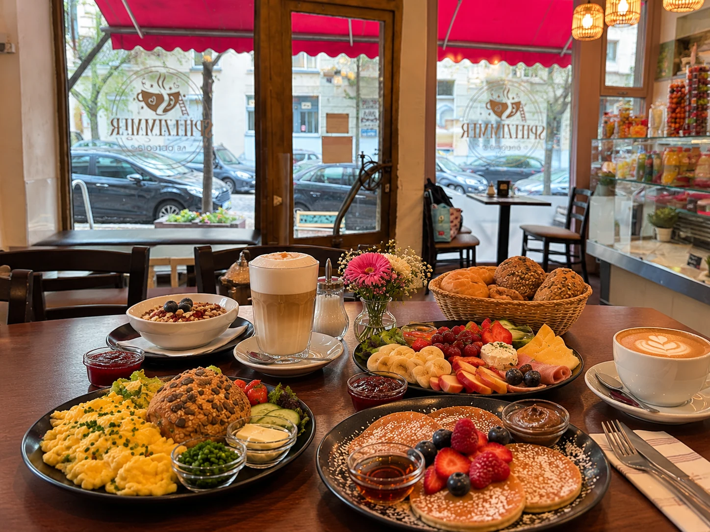 Frühstückstisch mit Rührei, Pancakes, Porridge, Cappuccino und Latte Macchiato im Spielzimmer.
