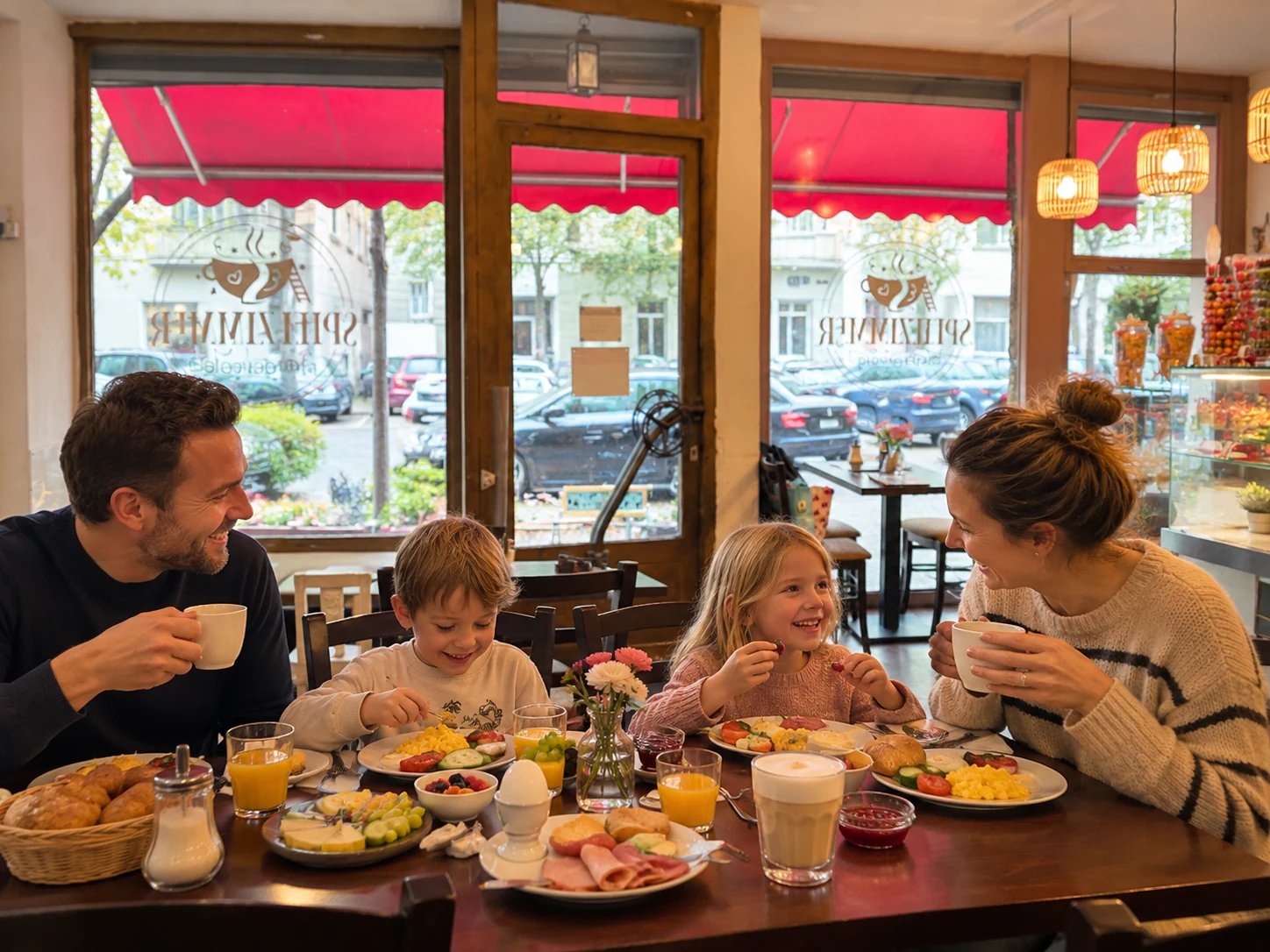 Familie beim gemeinsamen Frühstück mit Kindern im Kindercafé Spielzimmer in Berlin-Prenzlauer Berg