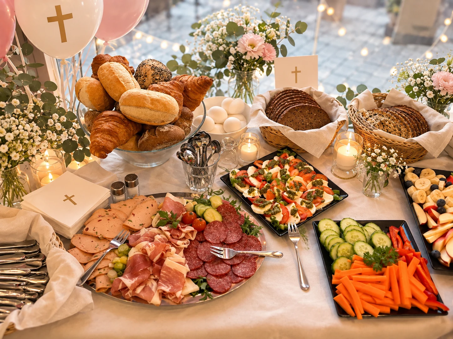 Frühstücksbuffet mit frischen Brötchen, Aufschnitt, Obst und Gemüse für eine Tauffeier in Berlin
