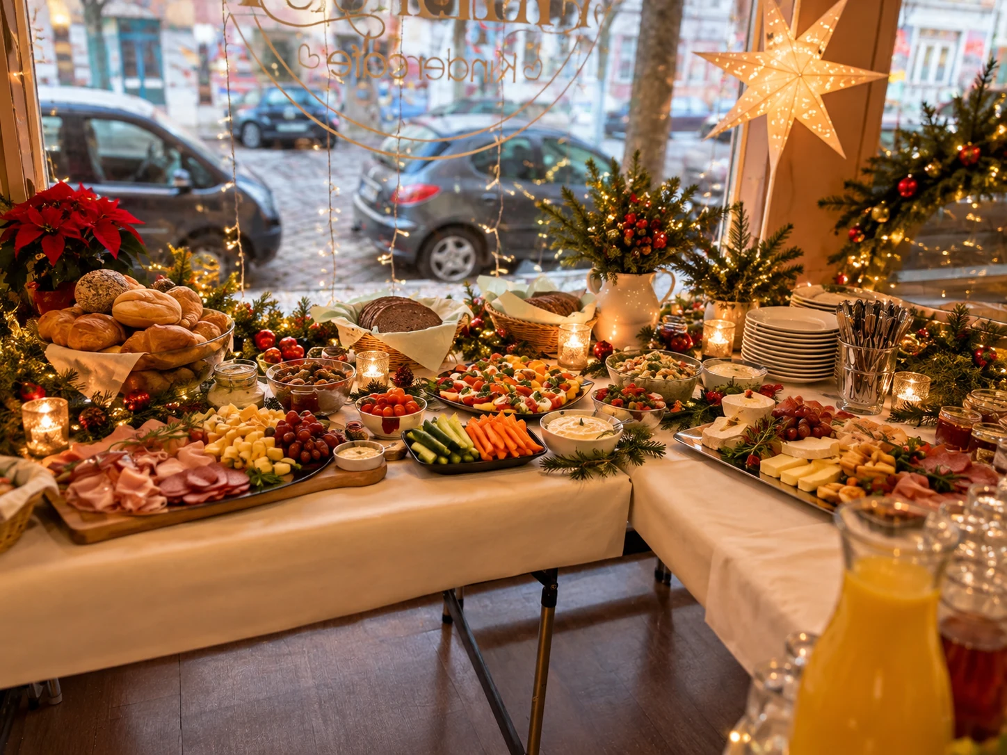 Weihnachtliches Buffet mit Speisen und Getränken im Kindercafé Spielzimmer in Berlin-Prenzlauer Berg