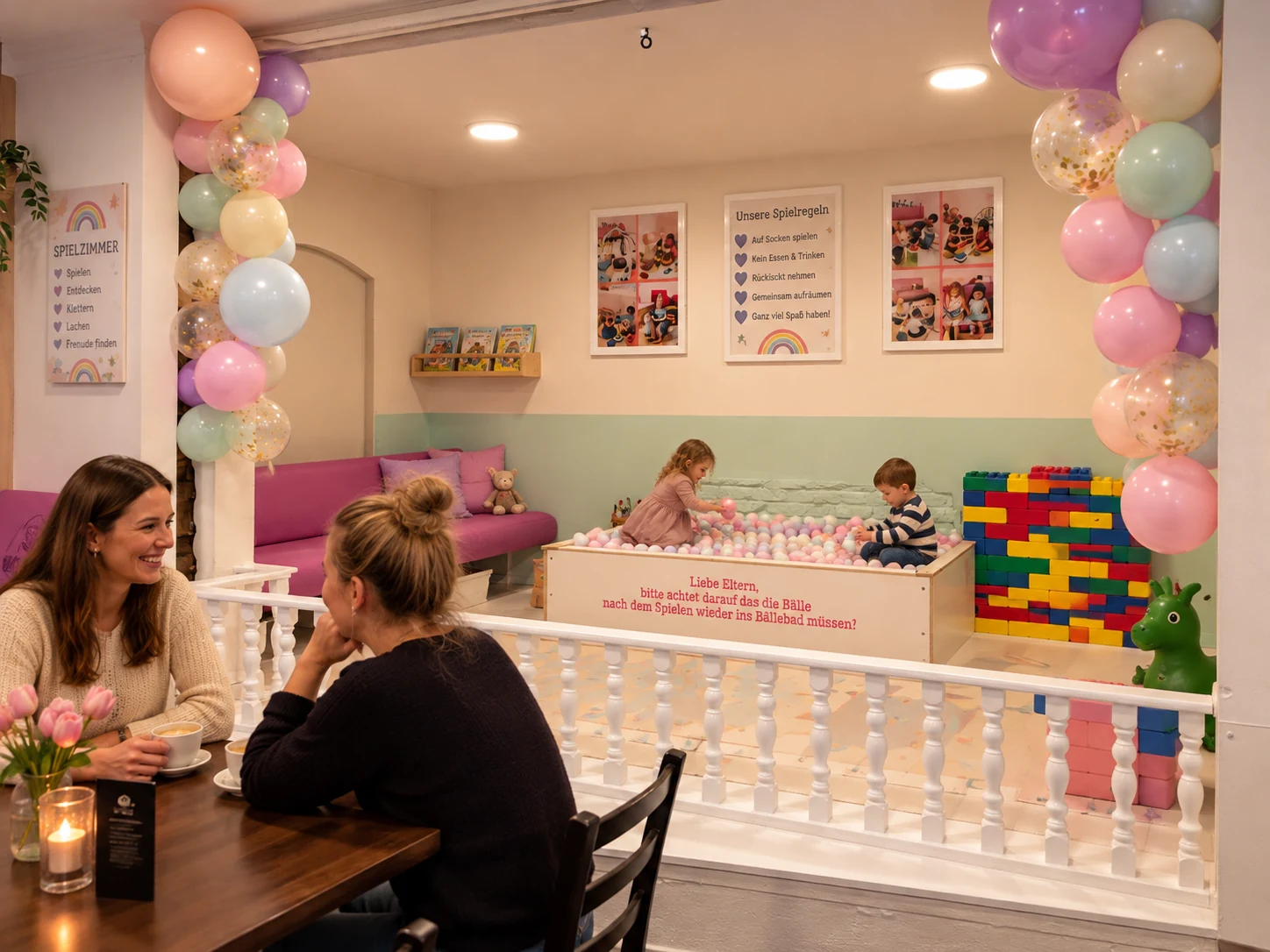 Exklusive Firmenfeier-Location im Kindercafé Spielzimmer mit Erwachsenen und spielenden Kindern