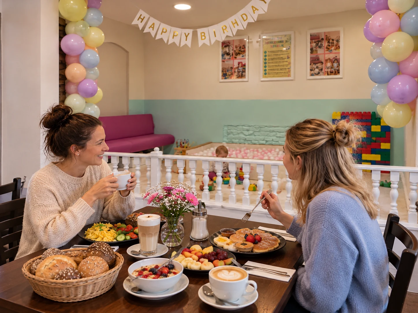 Zwei Mütter frühstücken im Kindercafé Spielzimmer, während ein Baby im Kleinkindspielbereich spielt.
