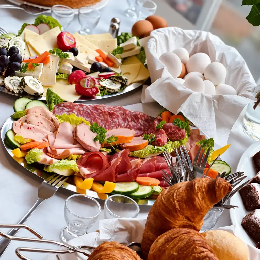 Frühstücksbuffet mit Käse, Wurst, Eiern, Gemüse und Croissants für eine Familienfeier im Spielzimmer