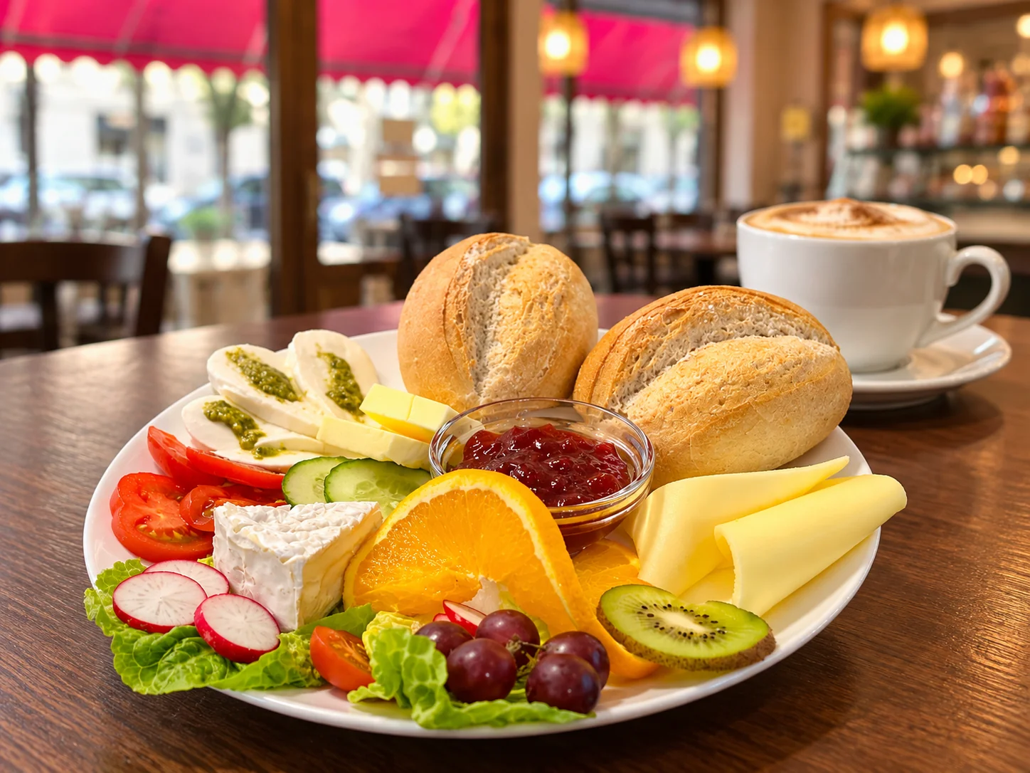 Herzhaftes Frühstück mit Brötchen, Käse, Obst und Cappuccino im Kindercafé Spielzimmer