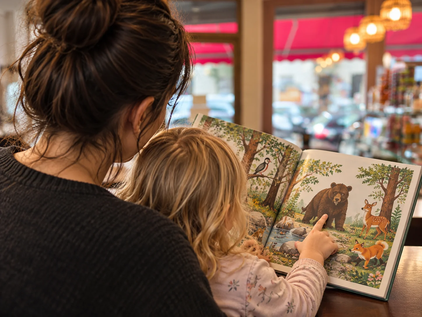 Mutter und Kind betrachten gemeinsam ein Tierbilderbuch im Kindercafé Spielzimmer