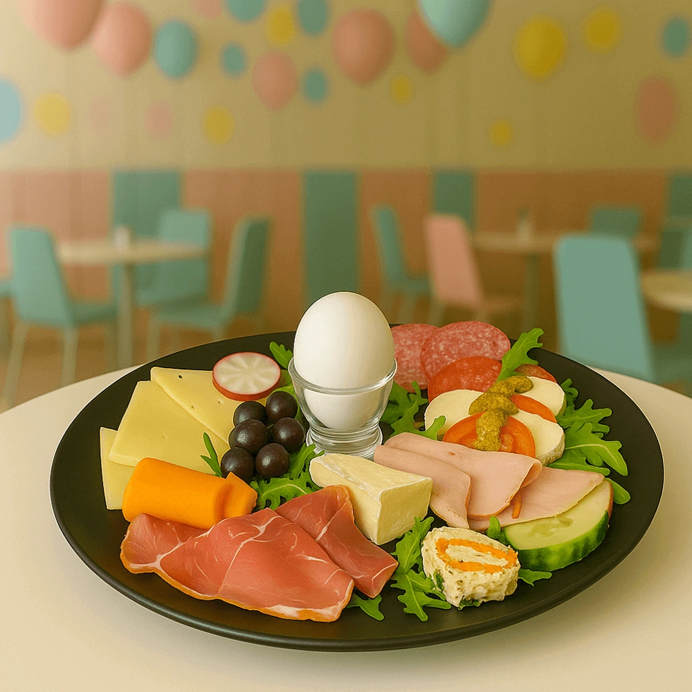 Une grande assiette de petit-déjeuner avec du fromage, de la charcuterie, un œuf et des légumes au café pour enfants Spielzimmer.