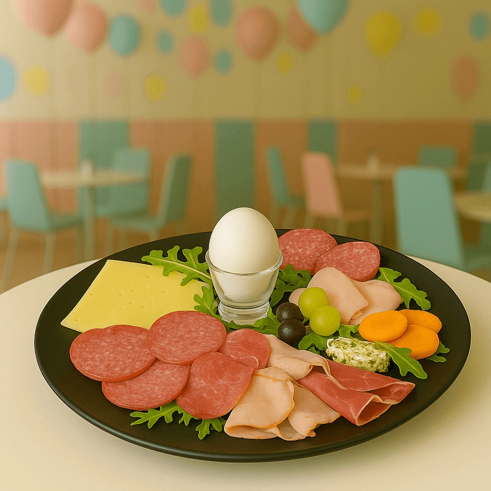 Un petit-déjeuner salé avec du fromage, de la charcuterie, un œuf cuit et des légumes frais au Spielzimmer.