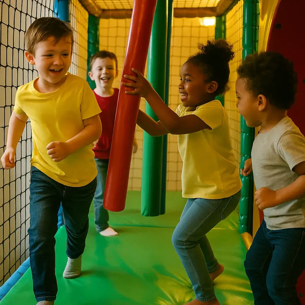 Vier Kinder spielen Fangen zwischen gepolsterten Hindernissen im Indoorspielplatz Spielzimmer.