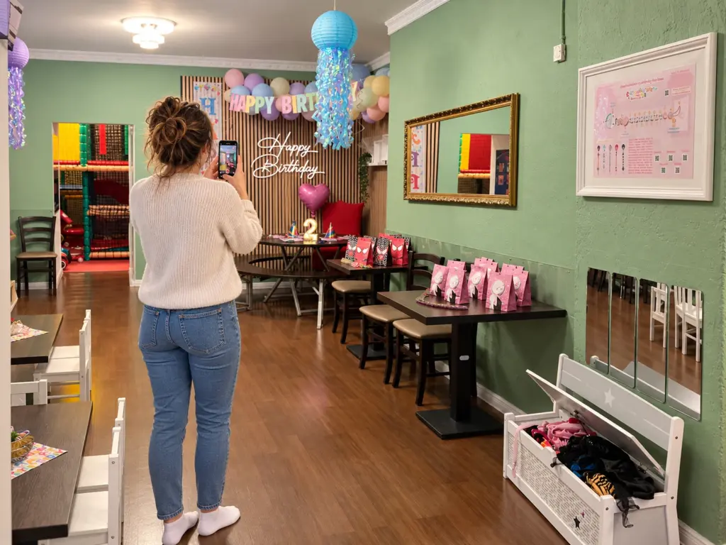 Influencer-Kooperation filmt mit ihrem Smartphone den dekorierten Geburtstagsbereich im Kindercafé Spielzimmer.