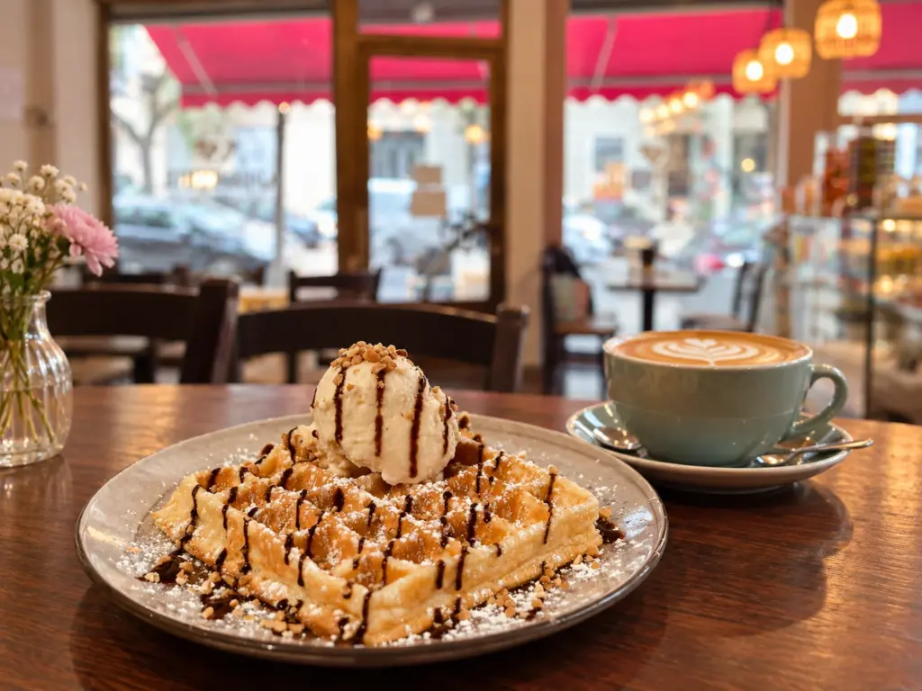 Frische Waffel mit Vanilleeis und Cappuccino auf einem Tisch im Kindercafé Spielzimmer in Berlin-Prenzlauer Berg.