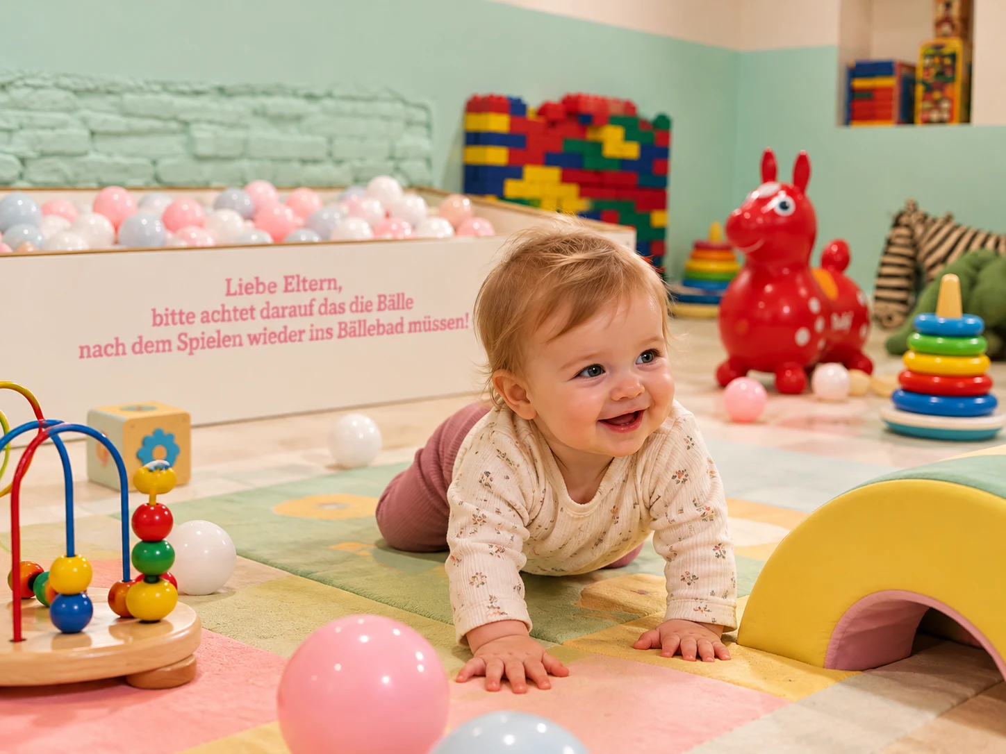 Lachendes Baby krabbelt auf einer Spielmatte im Kleinkindspielbereich des Kindercafés Spielzimmer