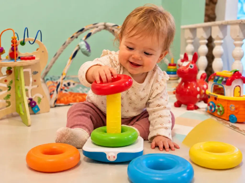 Einjähriges Baby spielt mit bunten Stapelringen in der Krabbelecke des Kindercafés Spielzimmer in Berlin