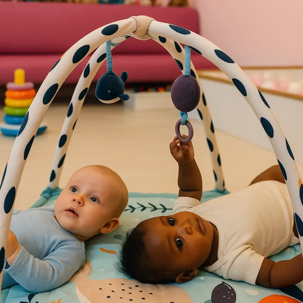 Kleinkindbereich im KindercafeSpielzimmer. 2 Babys unter einem Spielbogen.