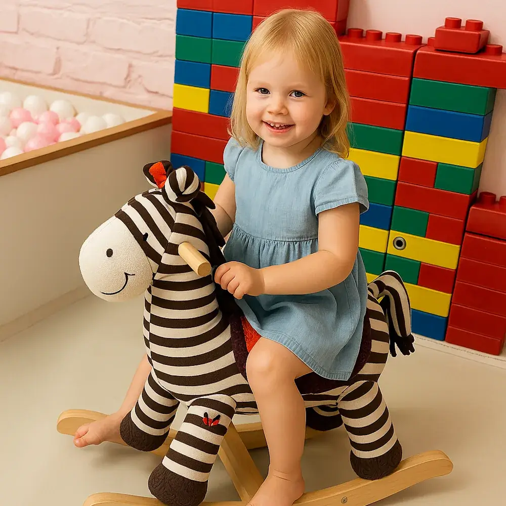Kleinkindbereich im KindercafeSpielzimmer. Mädchen auf einem Schaukelpferd.