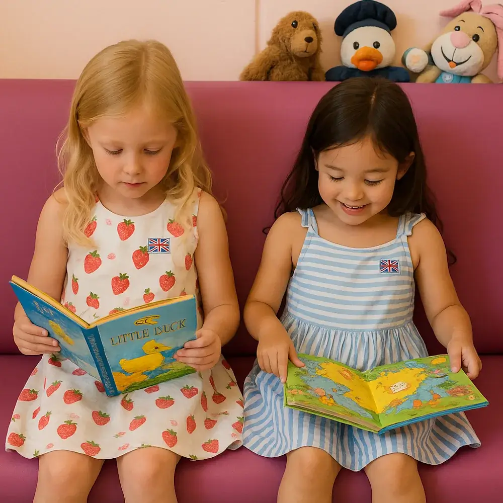 Zwei Kinder sitzen auf einer rosa Sitzbank und schauen Bilderbücher an