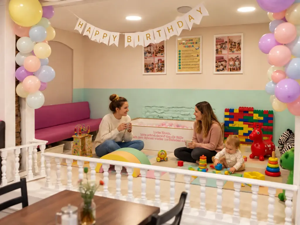 Zwei Mütter unterhalten sich in der Krabbelecke des Kindercafés Spielzimmer, während ein Baby spielt