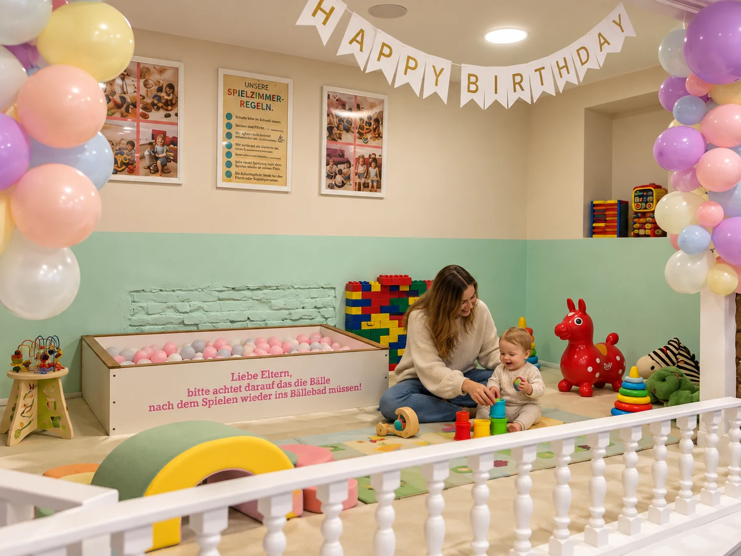 Mutter spielt mit ihrem Baby im Kleinkindspielbereich des Kindercafés Spielzimmer in Berlin-Prenzlauer Berg
