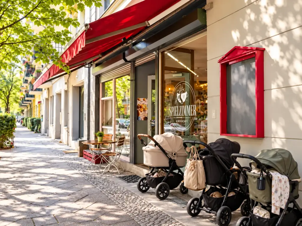 Drei Kinderwagen stehen vor dem Eingang des Kindercafés Spielzimmer mit roter Markise und großem Schaufenster.