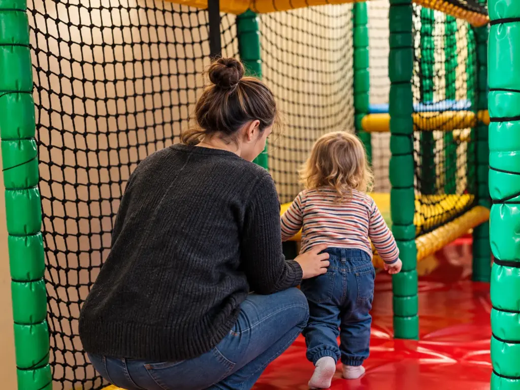 Die Kita geschlossen. Kind mit erwachsener Begleitperson beim Spielen im Kindercafé Spielzimmer in Berlin-Prenzlauer Berg