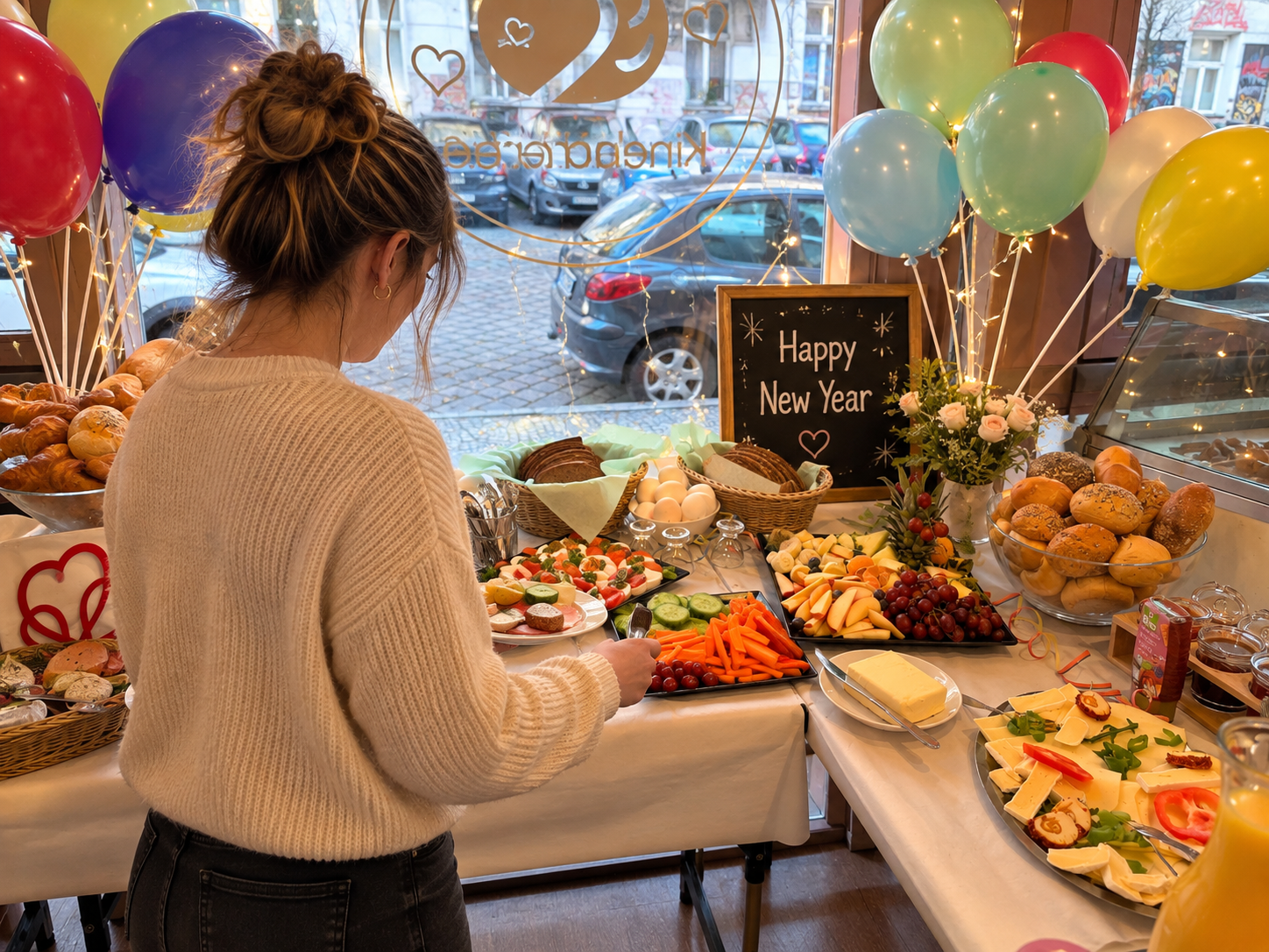 Frau bedient sich am Frühstücksbuffet im Spielzimmer mit Happy-New-Year-Dekoration