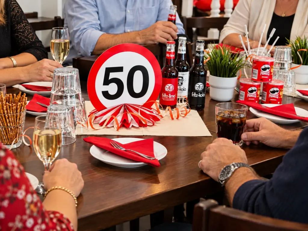 Festlich gedeckter Tisch zum Runden Geburtstag mit roter Dekoration im Kindercafé Spielzimmer