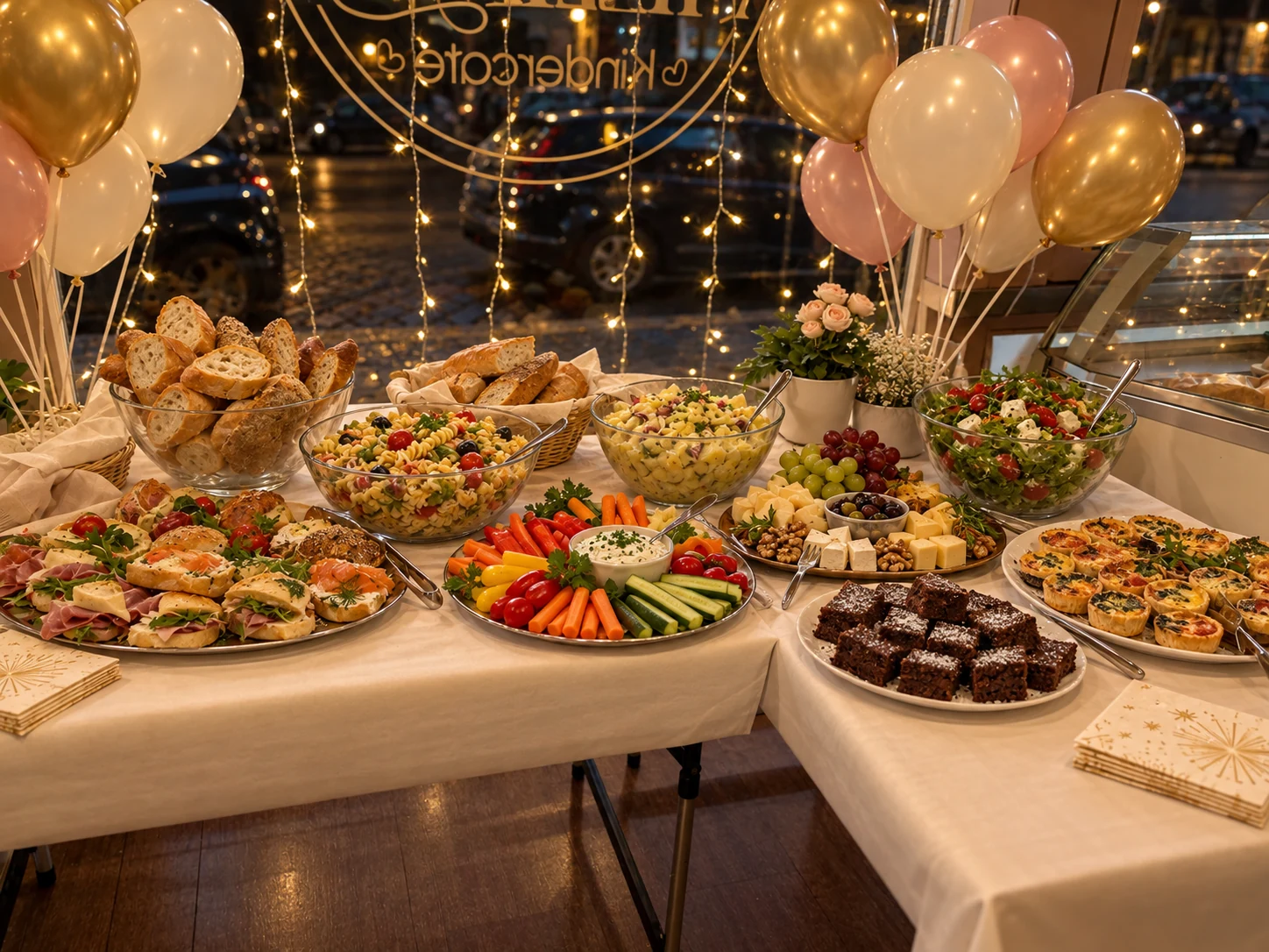 Silvesterbuffet mit Salaten, belegten Brötchen, Gemüse, Käse und Gebäck am beleuchteten Caféfenster
