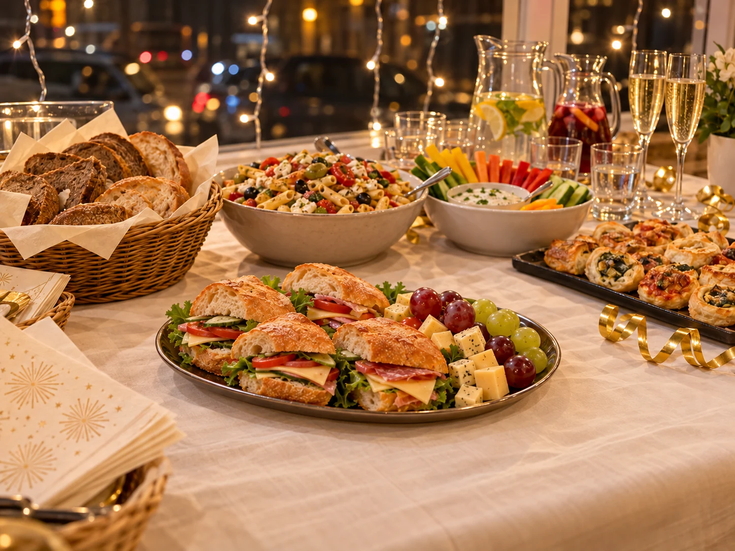 Kleines Silvesterbuffet mit belegten Brötchen, Käse, Trauben, Salat und Getränken vor dem nächtlichen Caféfenster