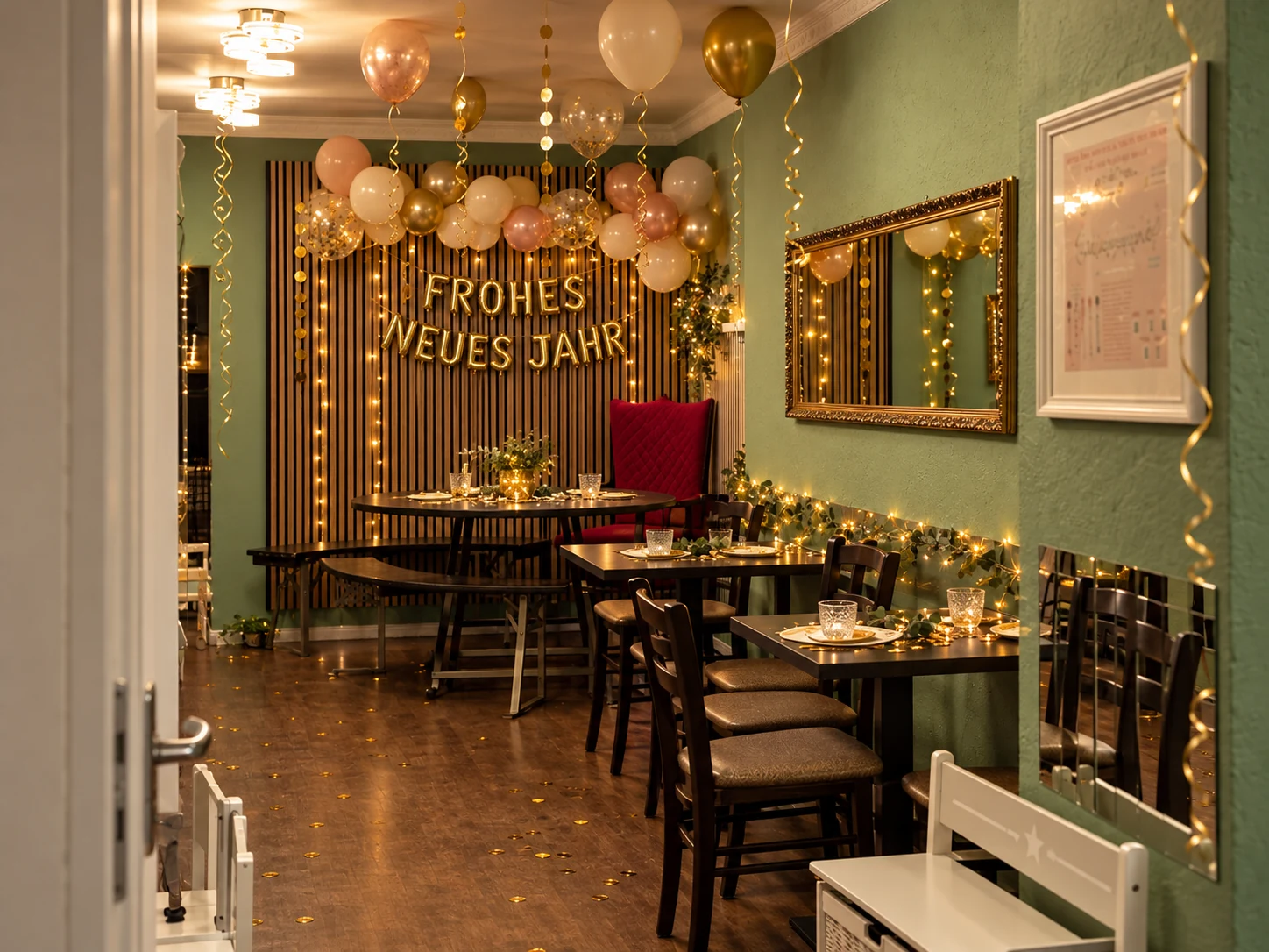 In Silvester-Location in Berlin dekorierter Caféraum mit gedeckten Tischen, goldenen Ballons und Lichterketten