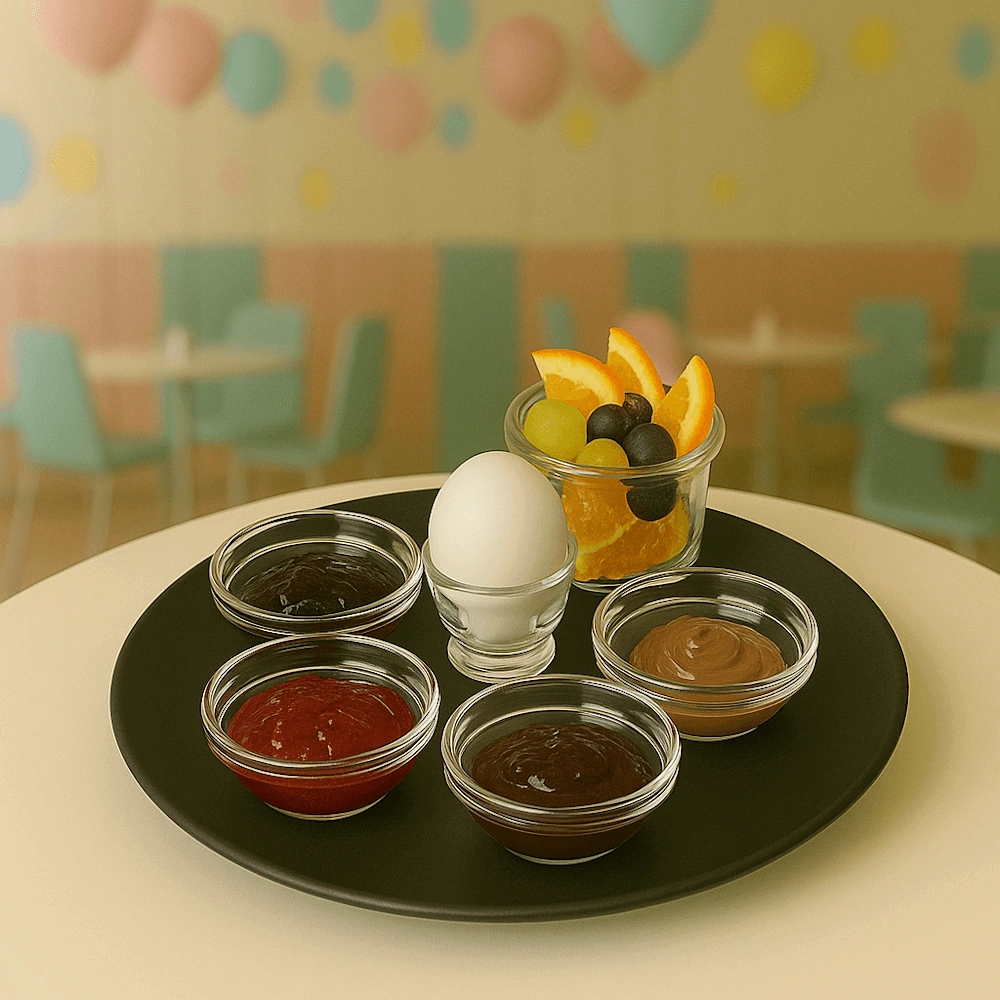 Un petit-déjeuner sucré avec des petits pains, un œuf cuit, de la confiture et des pâtes à tartiner sucrées au café pour enfants Spielzimmer.