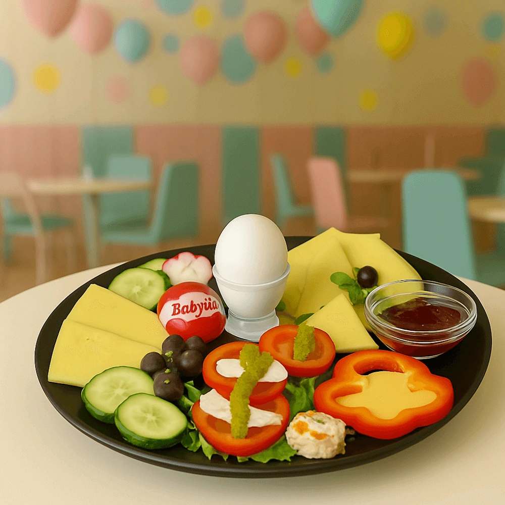 Un petit-déjeuner végétarien avec du fromage, un œuf cuit et des légumes frais au café pour enfants Spielzimmer.