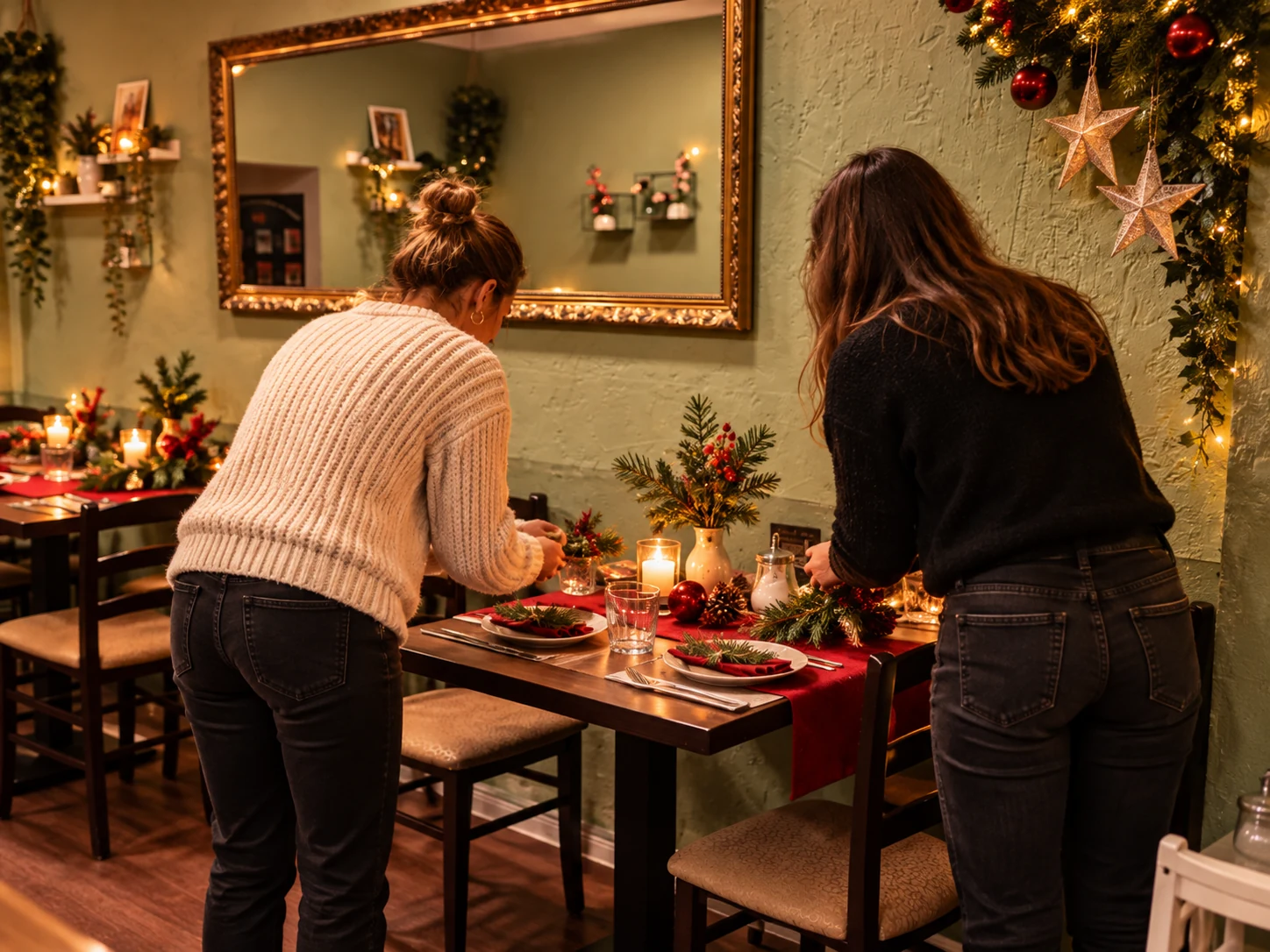 Zwei Frauen dekorieren einen Tisch für ihre private Weihnachtsfeier im Kindercafé Spielzimmer