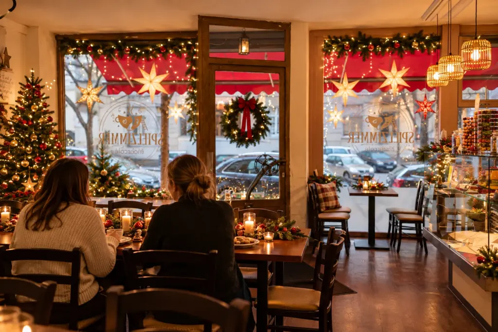 Weihnachtsfeier-Location im Kindercafé Spielzimmer in Berlin-Prenzlauer Berg mit festlicher Dekoration und zwei Gästen
