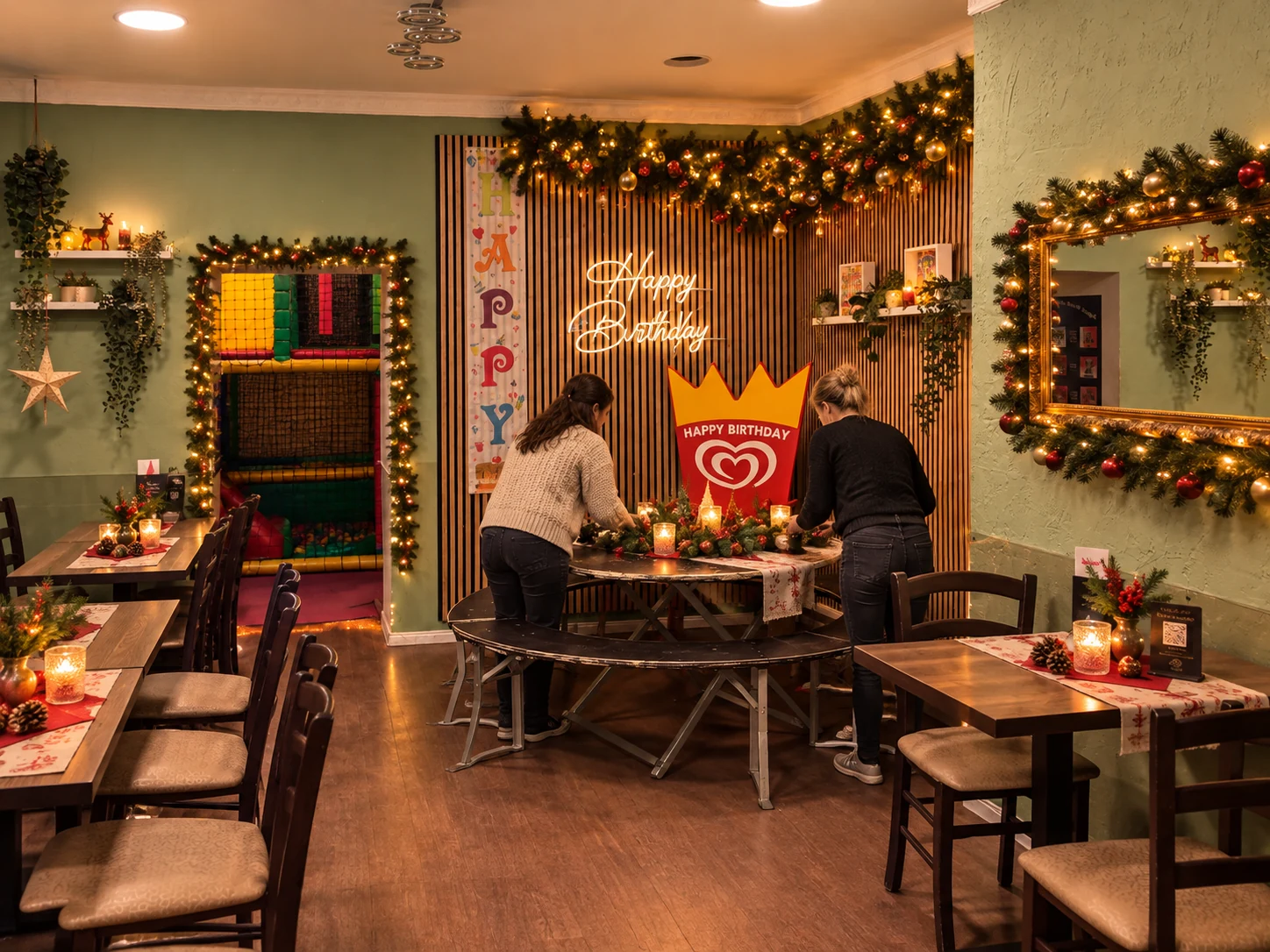 Zwei Frauen bereiten eine private Weihnachtsfeier im Kindercafé Spielzimmer in Berlin vor
