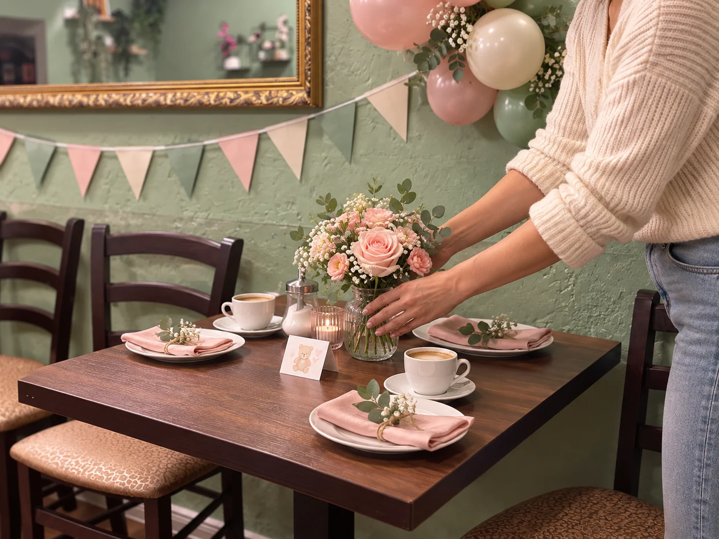 Eine Frau arrangiert Blumen auf einem für die Babyparty gedeckten Tisch im Spielzimmer